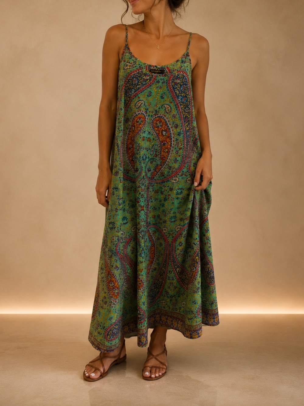Reborn Paisley Boho Maxi Dress Aqua Red Blue Flowy Sleeveless Size XL